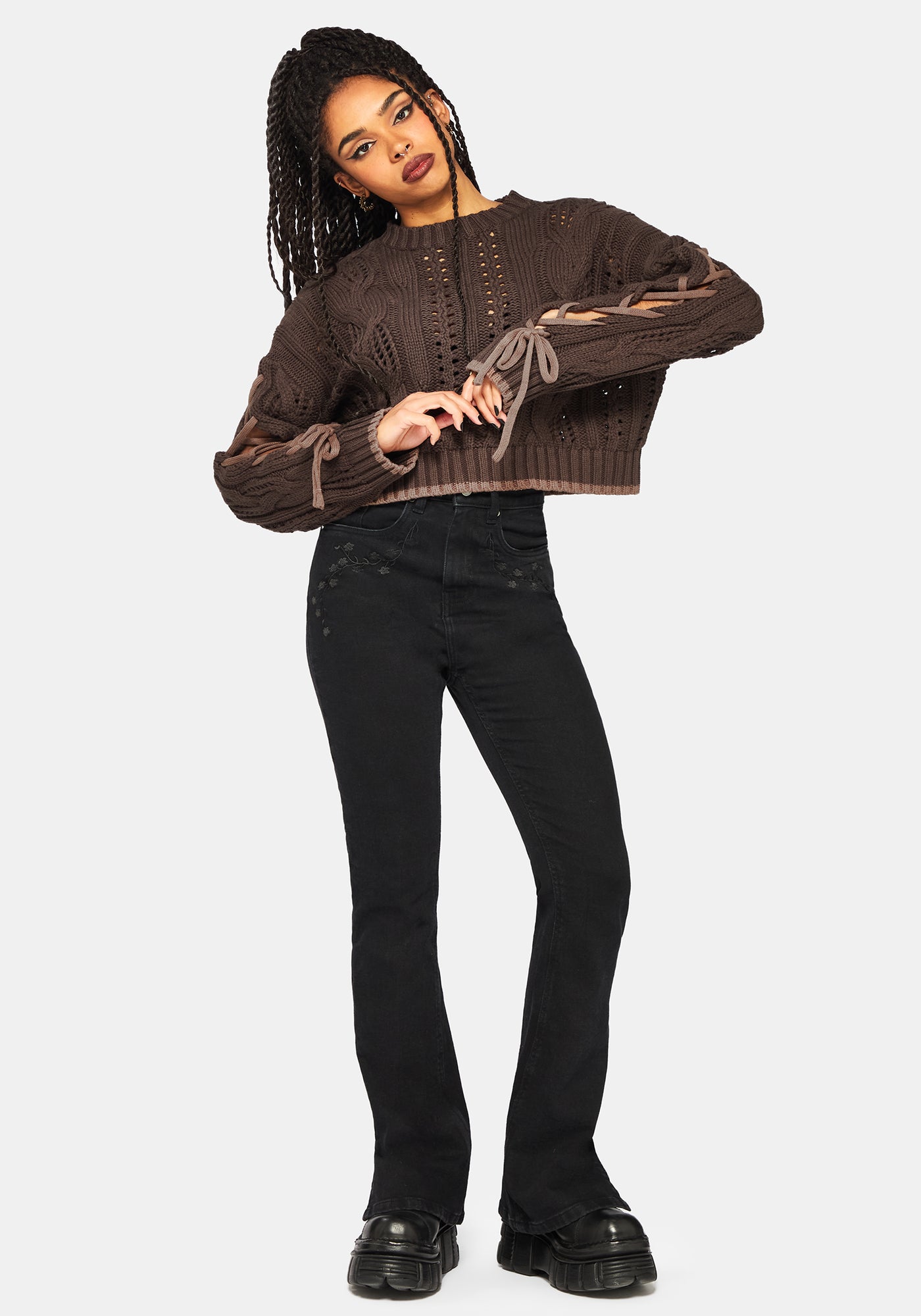 Sycamore Cotton Lace Up Sleeve Cable Knit Crop Sweater - Brown