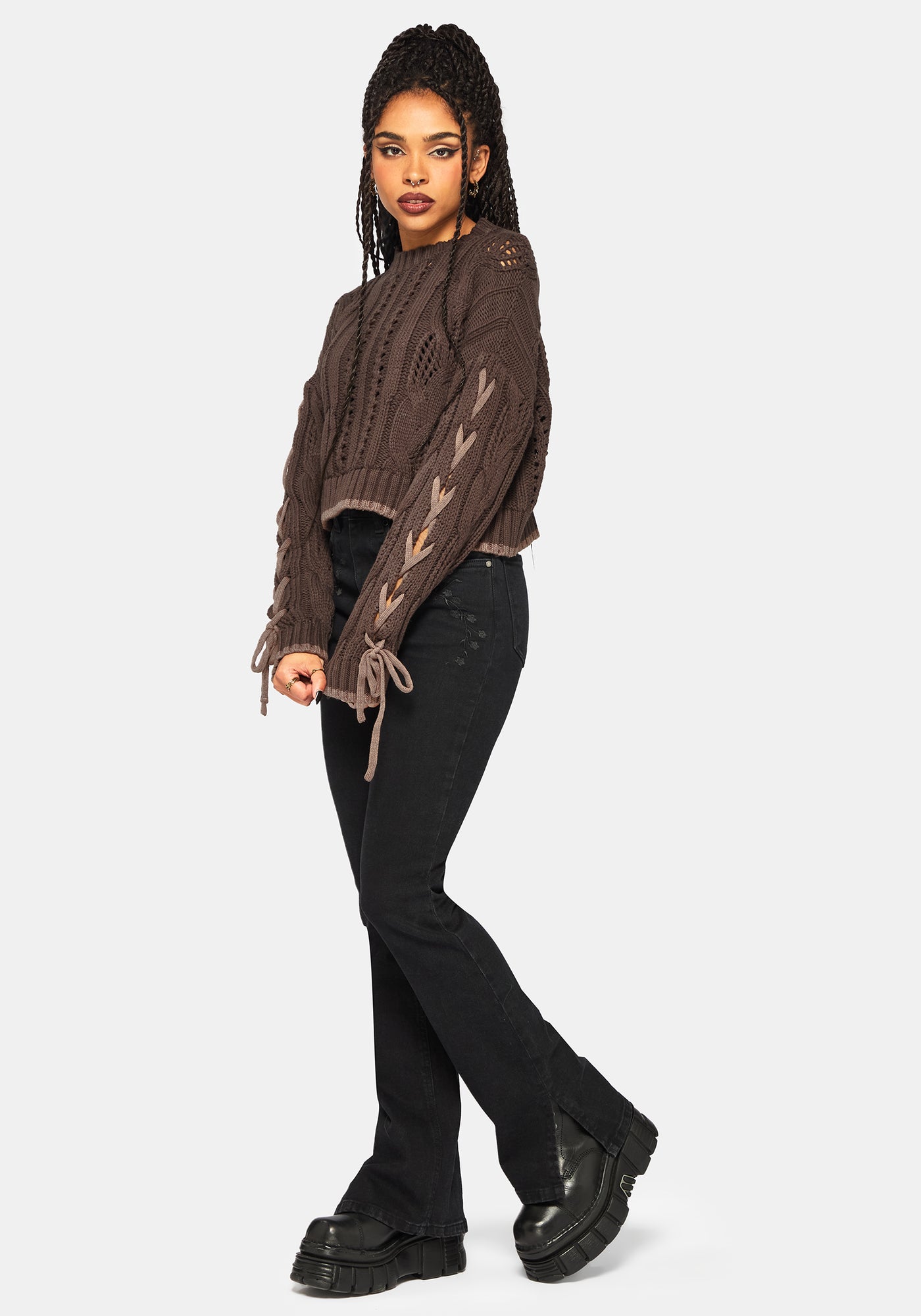Sycamore Cotton Lace Up Sleeve Cable Knit Crop Sweater - Brown