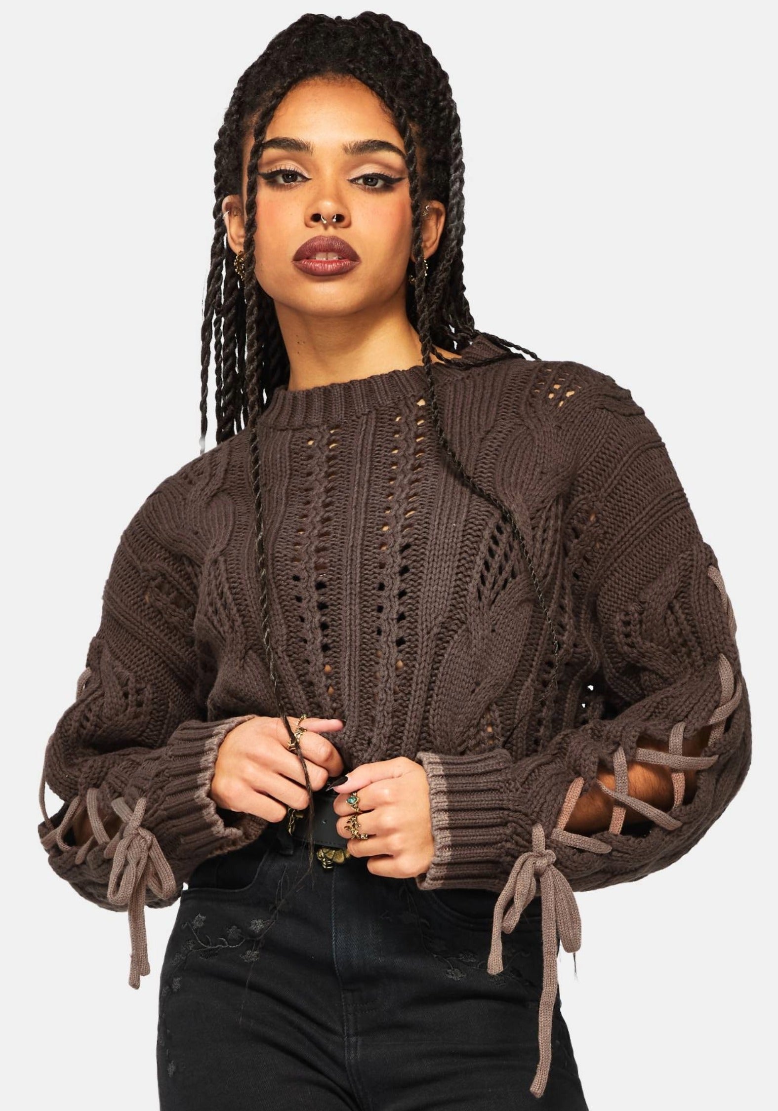 トップス ANDMARY Kitty cable knit tops Sycamore Cotton Lace Up Sleeve Cable Knit Crop Sweater - Brown