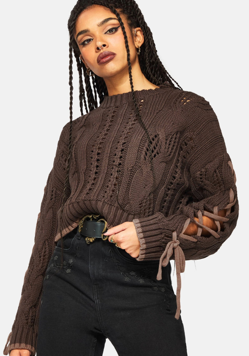 Sycamore Cotton Lace Up Sleeve Cable Knit Crop Sweater - Brown