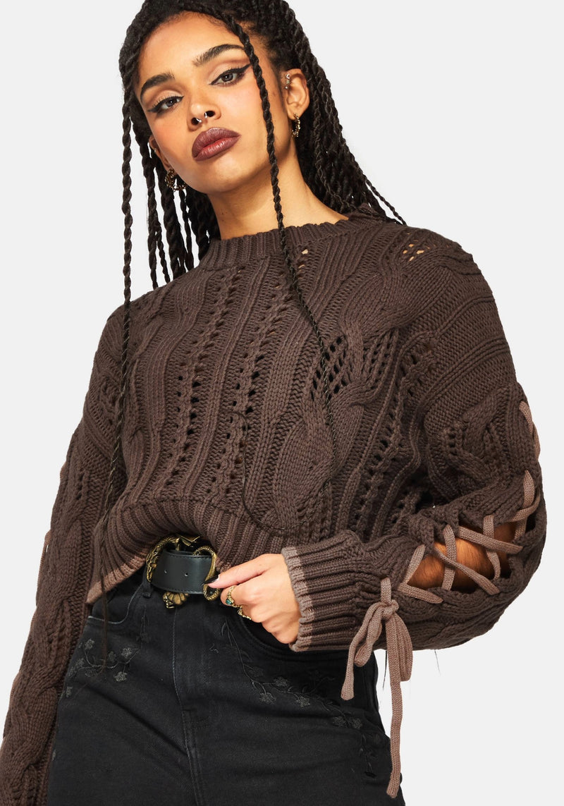 Sycamore Cotton Lace Up Sleeve Cable Knit Crop Sweater - Brown