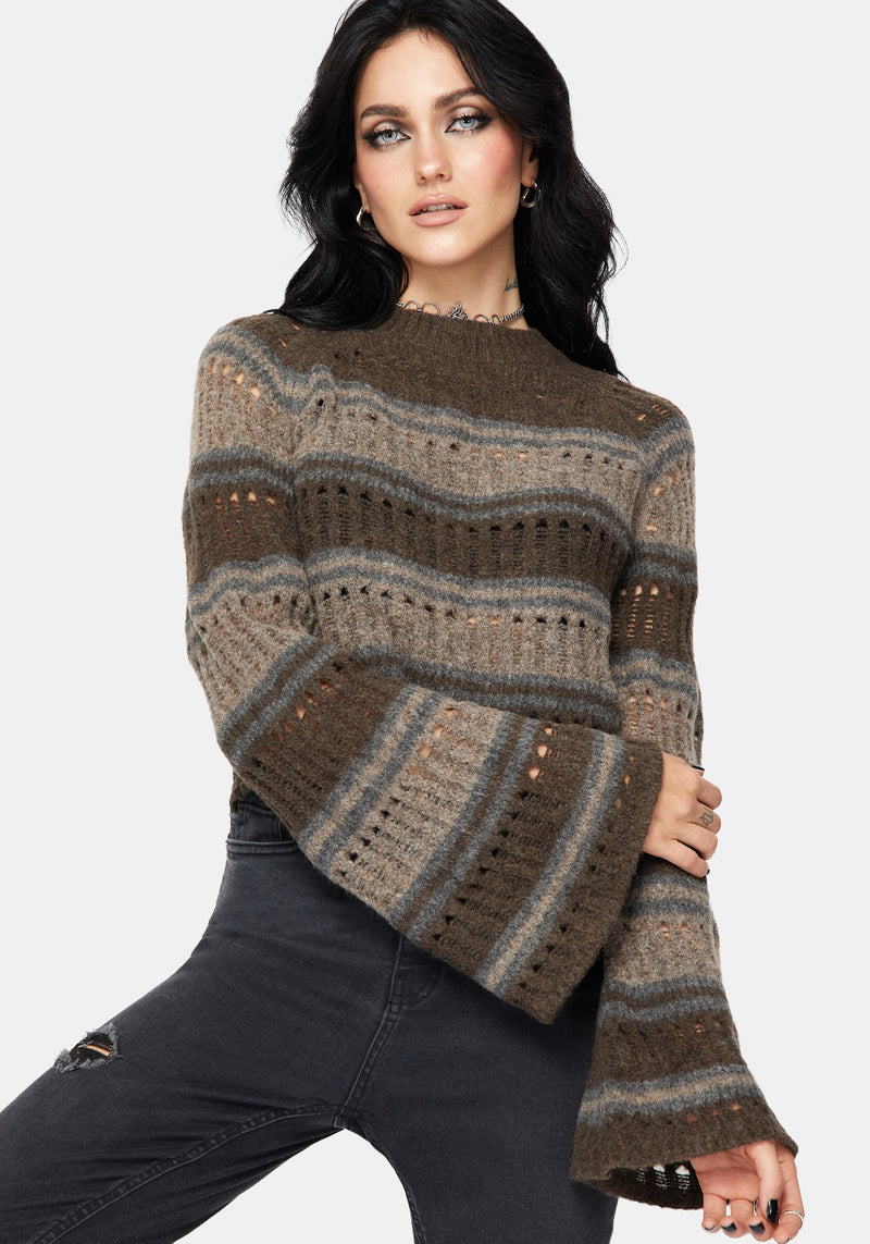 Splinter Stripe Knit Flare Sleeve Crop Sweater - Brown