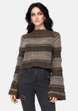 Splinter Stripe Knit Flare Sleeve Crop Sweater - Brown