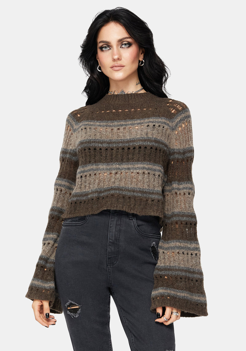 Splinter Stripe Knit Flare Sleeve Crop Sweater - Brown