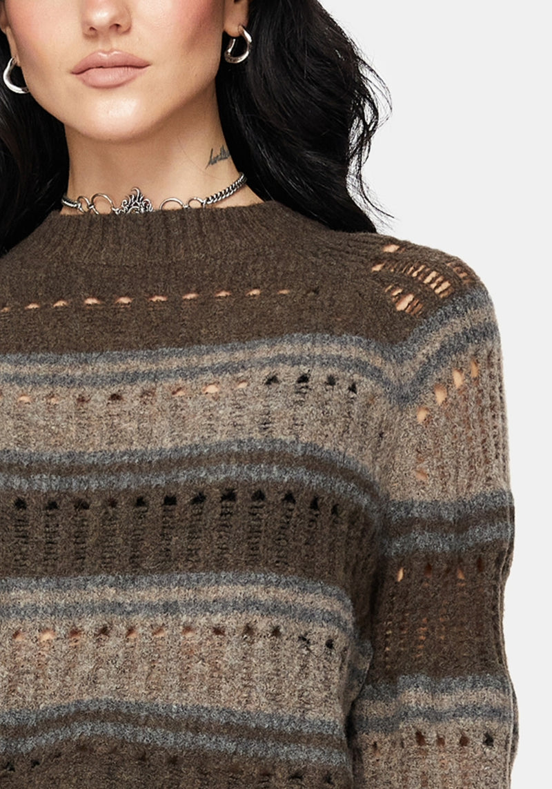 Splinter Stripe Knit Flare Sleeve Crop Sweater - Brown