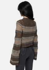 Splinter Stripe Knit Flare Sleeve Crop Sweater - Brown