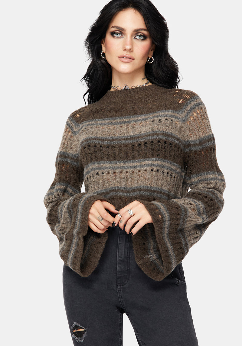 Splinter Stripe Knit Flare Sleeve Crop Sweater - Brown