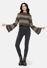 Splinter Stripe Knit Flare Sleeve Crop Sweater - Brown