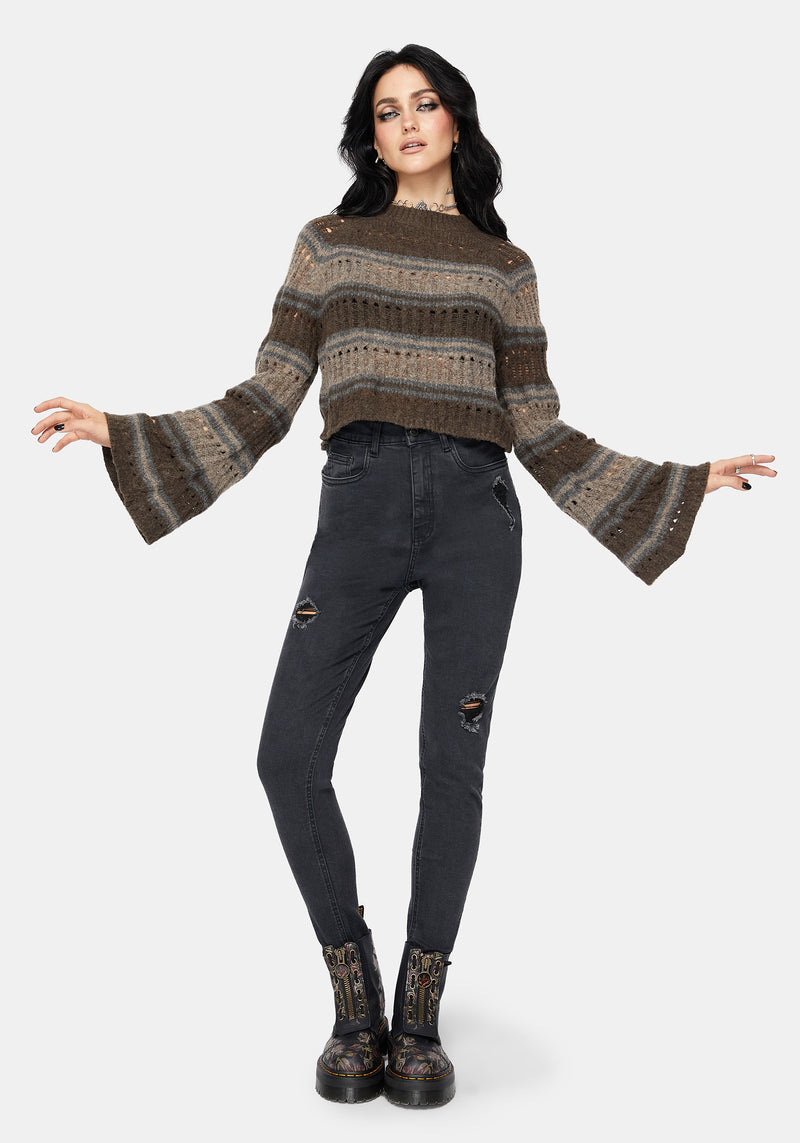 Splinter Stripe Knit Flare Sleeve Crop Sweater - Brown