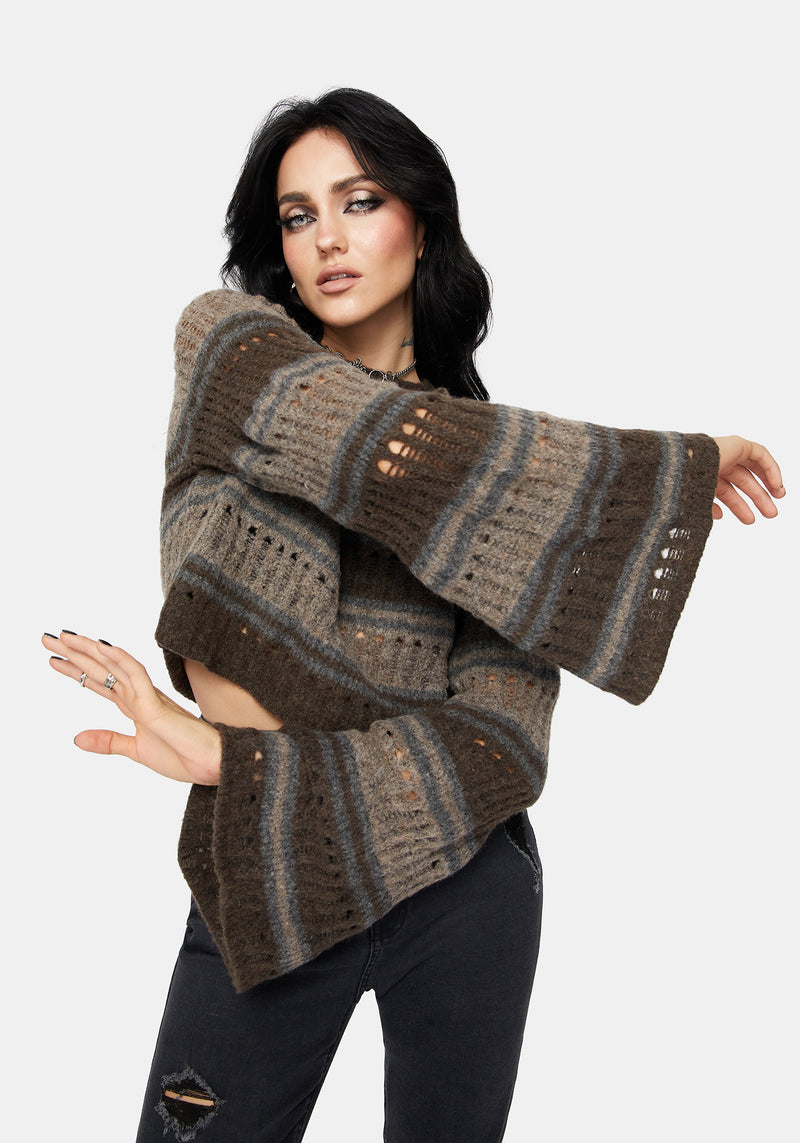 Splinter Stripe Knit Flare Sleeve Crop Sweater - Brown