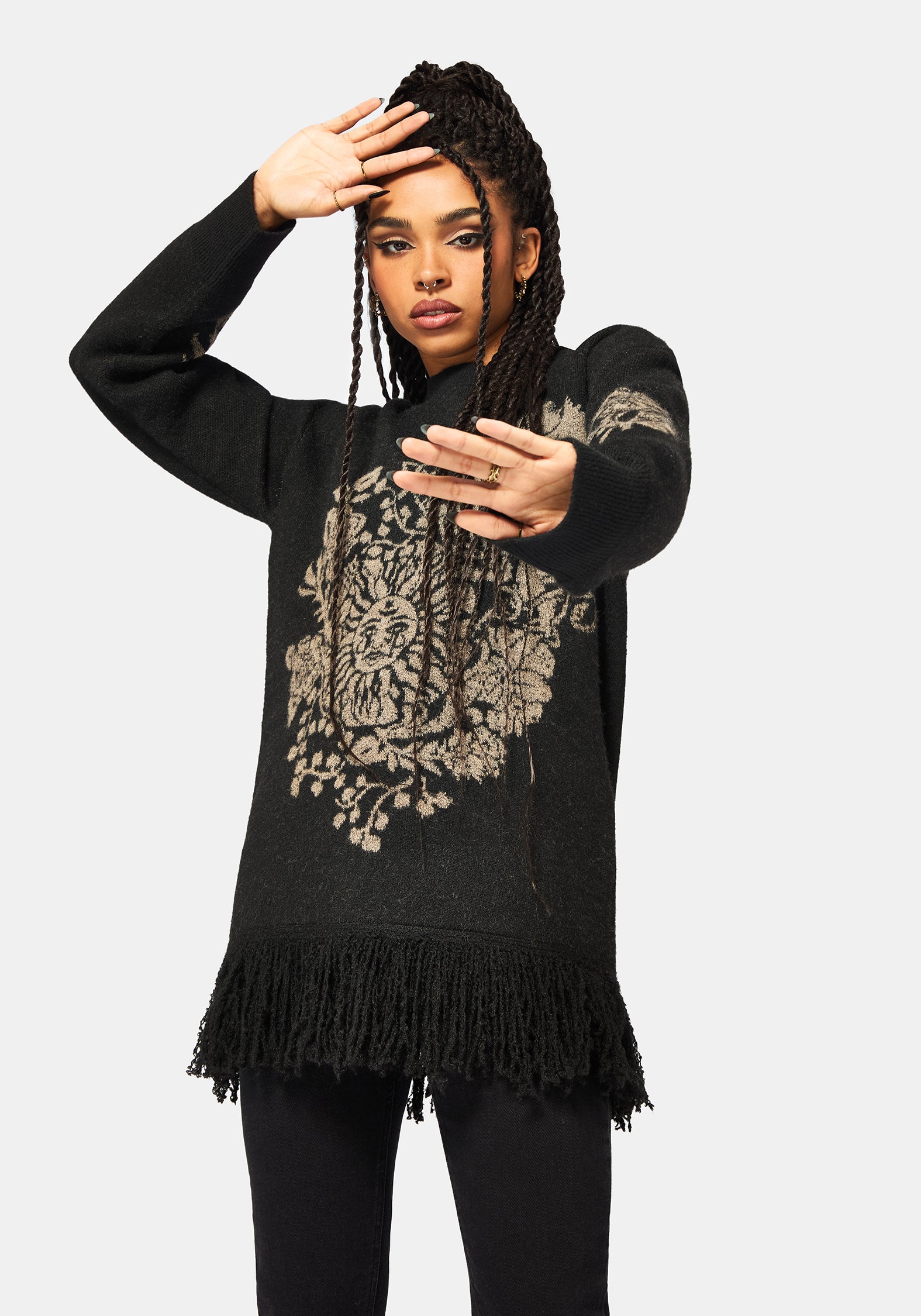 Dia Fringe Hem Jacquard Knit Sweater – Disturbia
