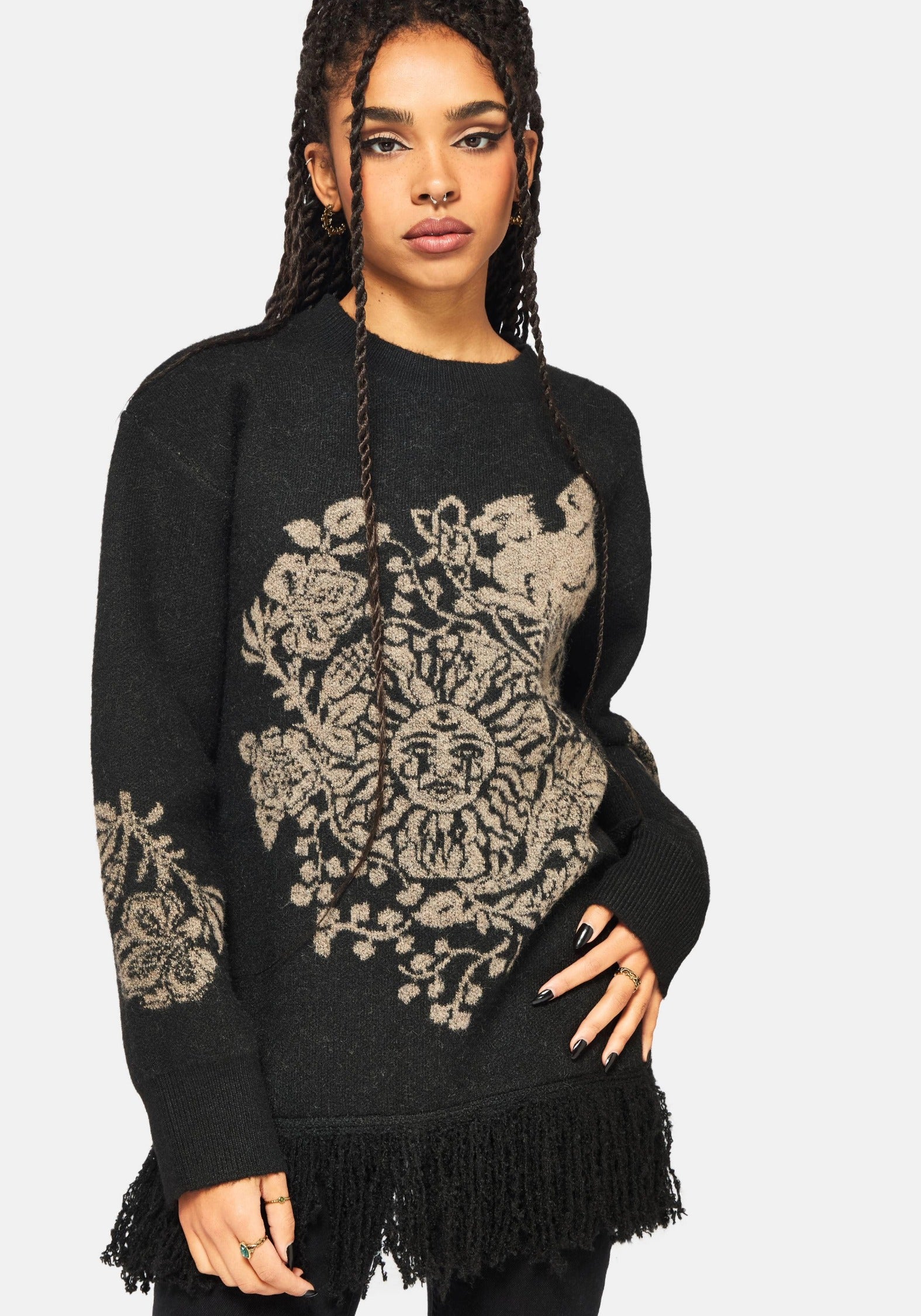 Dia Fringe Hem Jacquard Knit Sweater – Disturbia