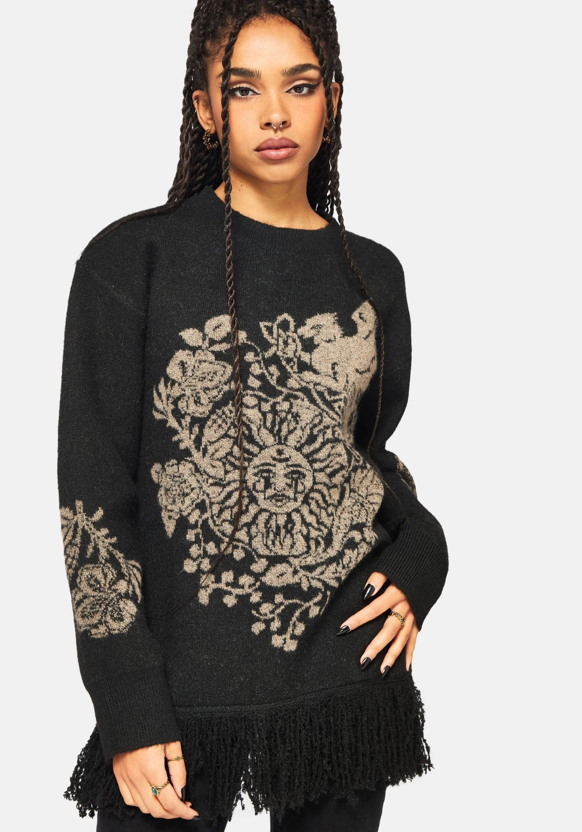 Dia Fringe Hem Jacquard Knit Sweater