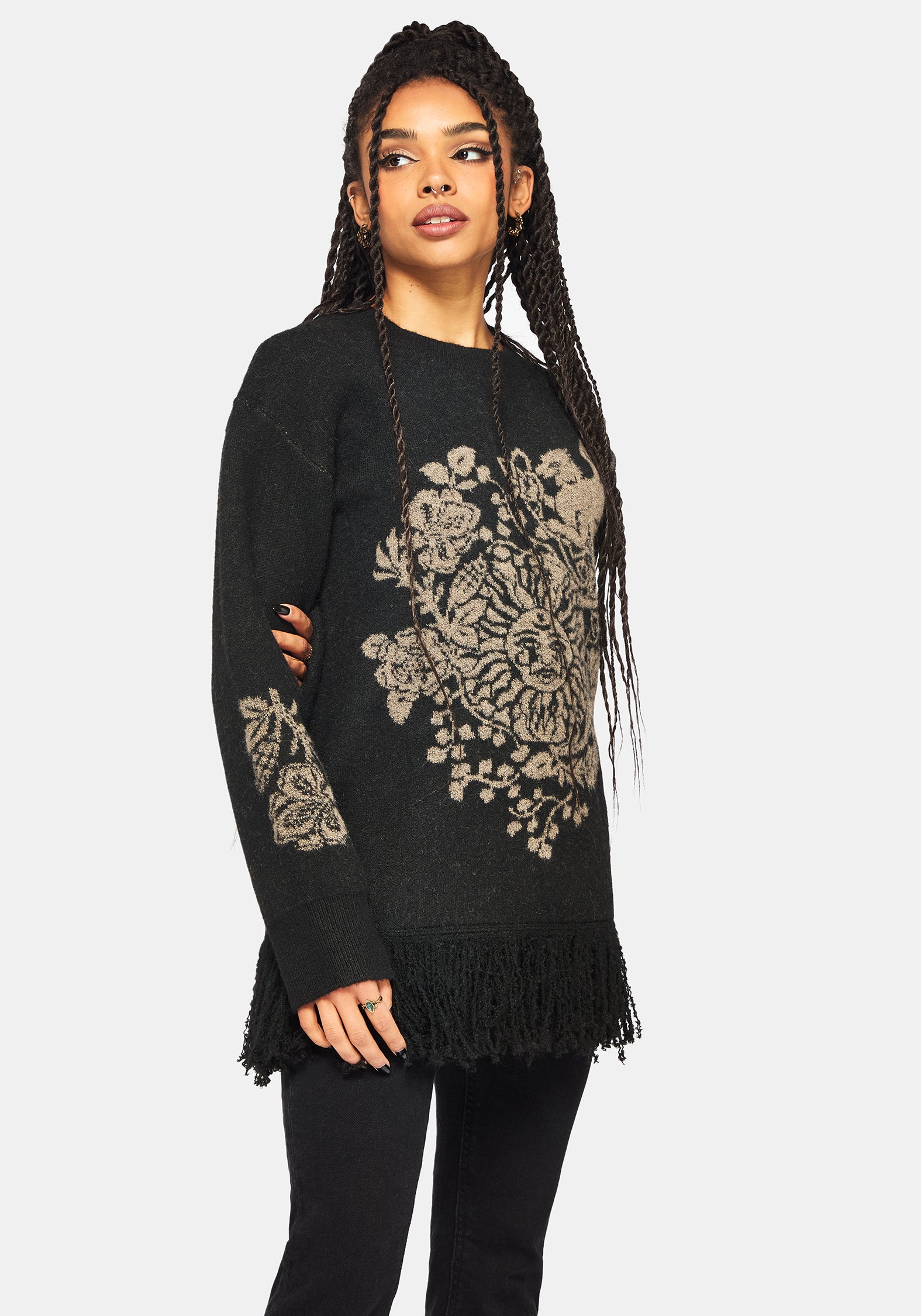 Dia Fringe Hem Jacquard Knit Sweater – Disturbia