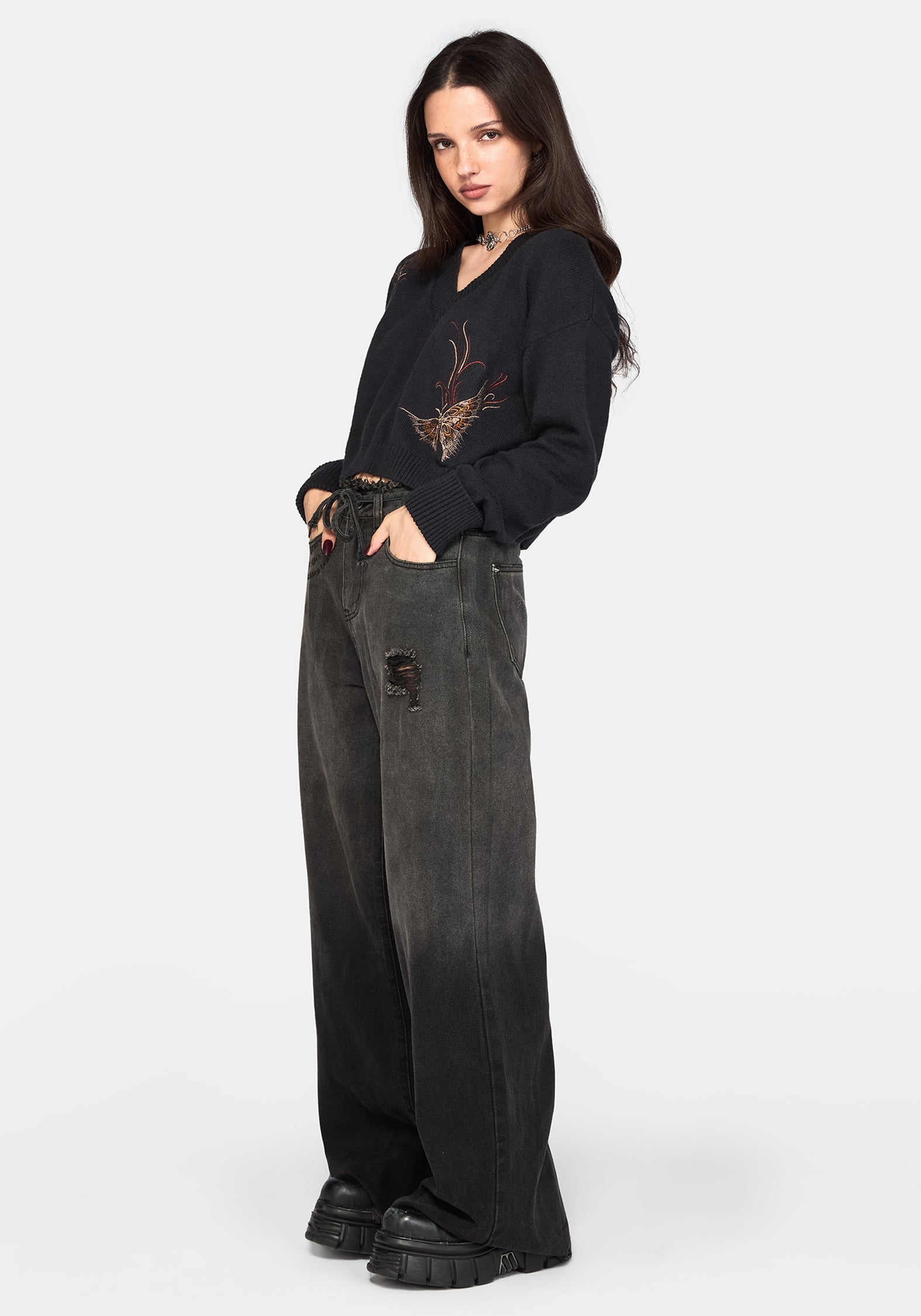 Ember Moth Embroidered V-Neck Knit Jumper