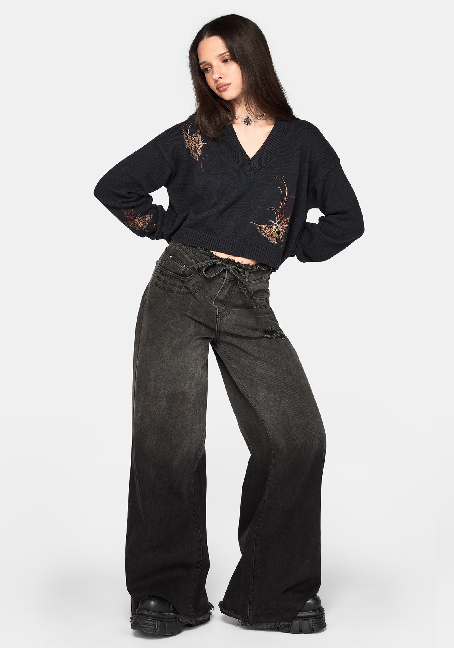 Ember Moth Embroidered V-Neck Knit Jumper