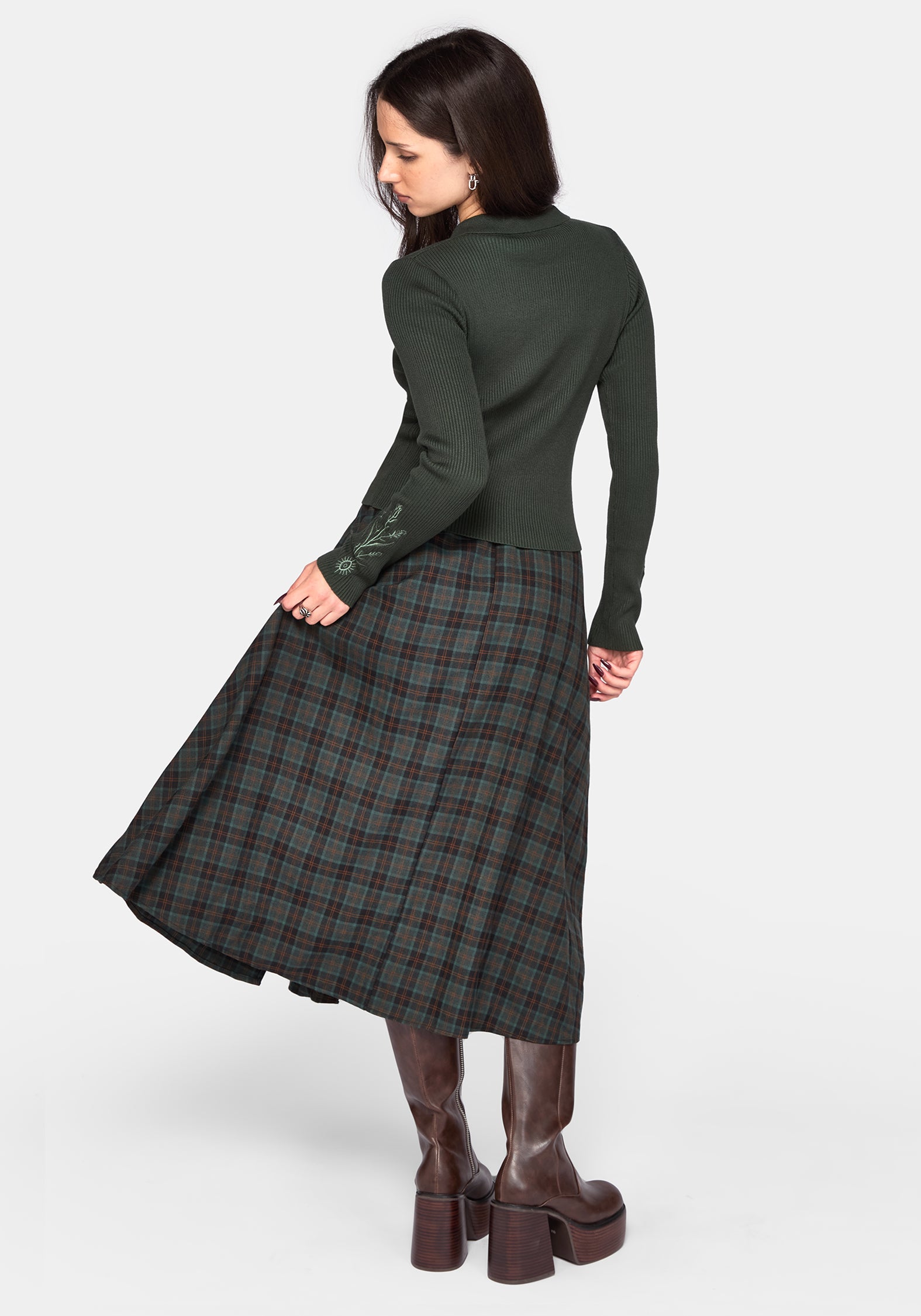 Cybele Embroidered Button Up Ribbed Knit Cardigan - Green