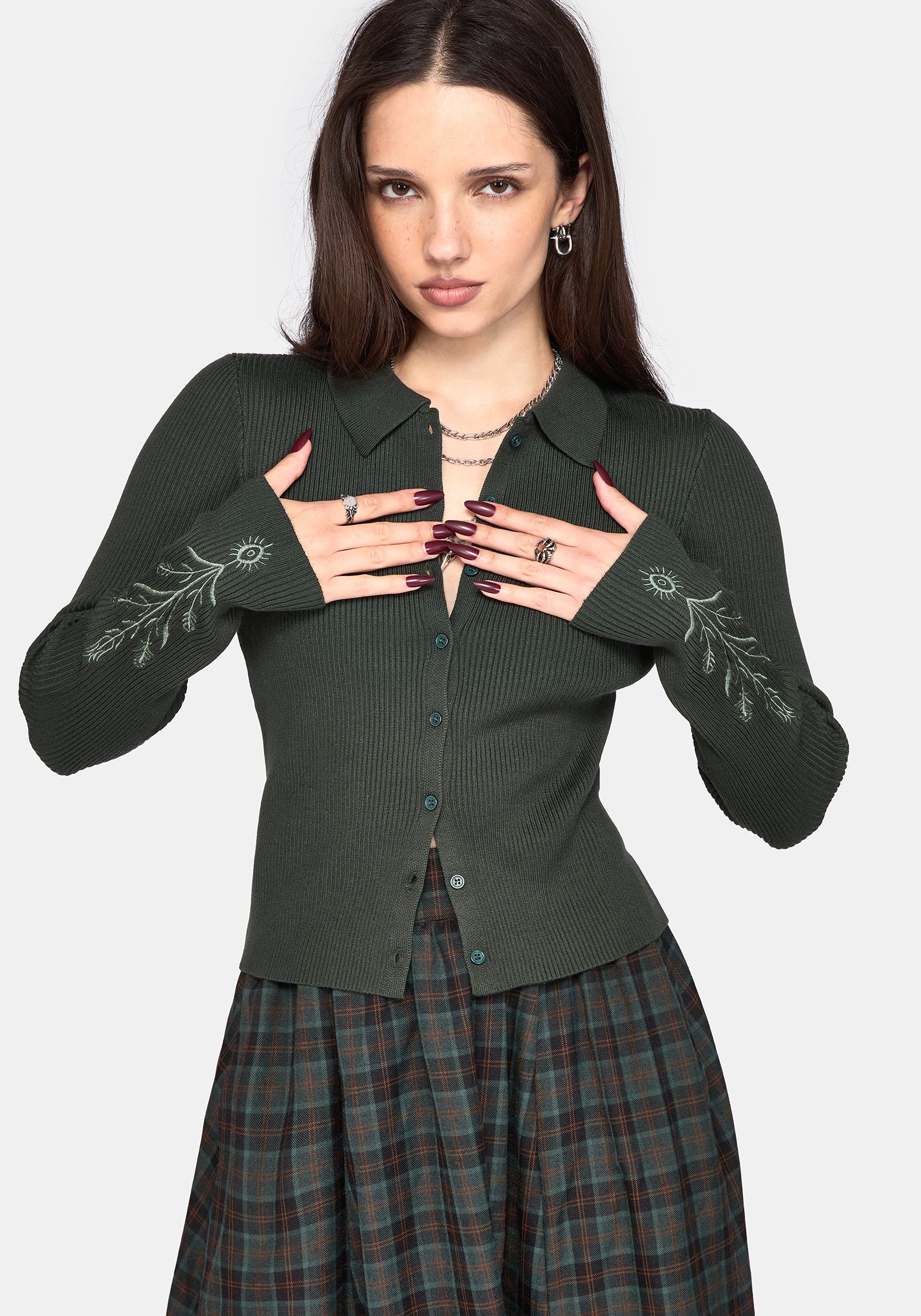 Cybele Embroidered Button Up Ribbed Knit Cardigan - Green