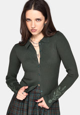 Cybele Embroidered Button Up Ribbed Knit Cardigan - Green