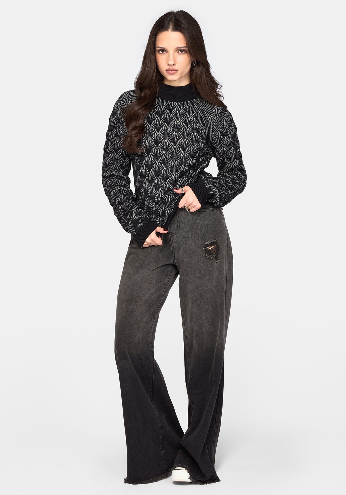 Edna Cotton Leaf Ribbed Funnel Neck Jumper - Black