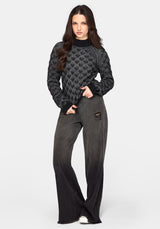 Edna Cotton Leaf Ribbed Funnel Neck Sweater - Black