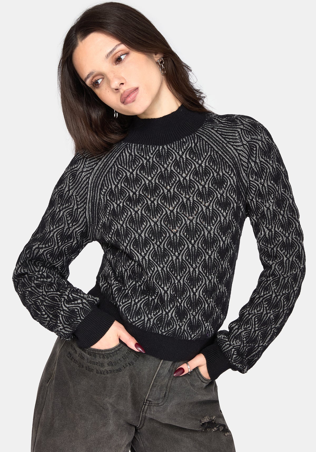 Edna Cotton Leaf Ribbed Funnel Neck Sweater - Black