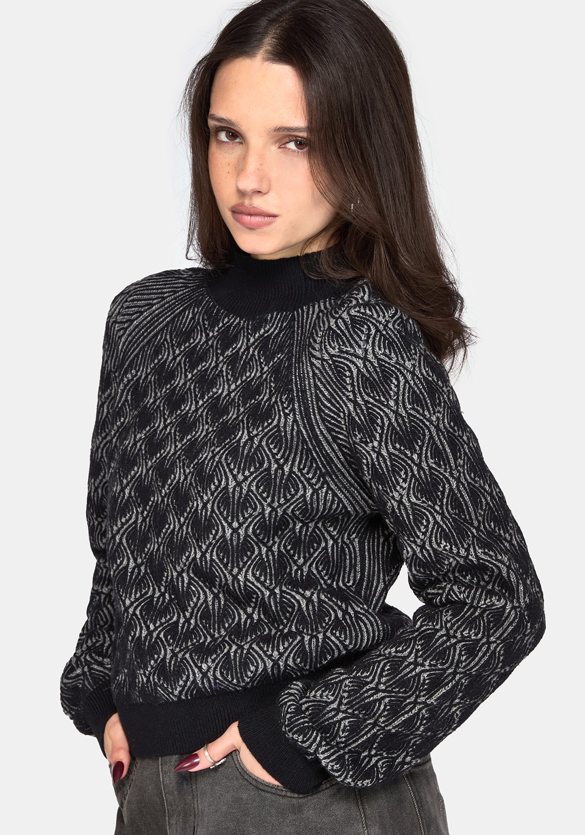 Edna Cotton Leaf Ribbed Funnel Neck Sweater - Black