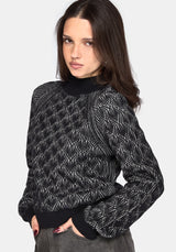 Edna Cotton Leaf Ribbed Funnel Neck Sweater - Black