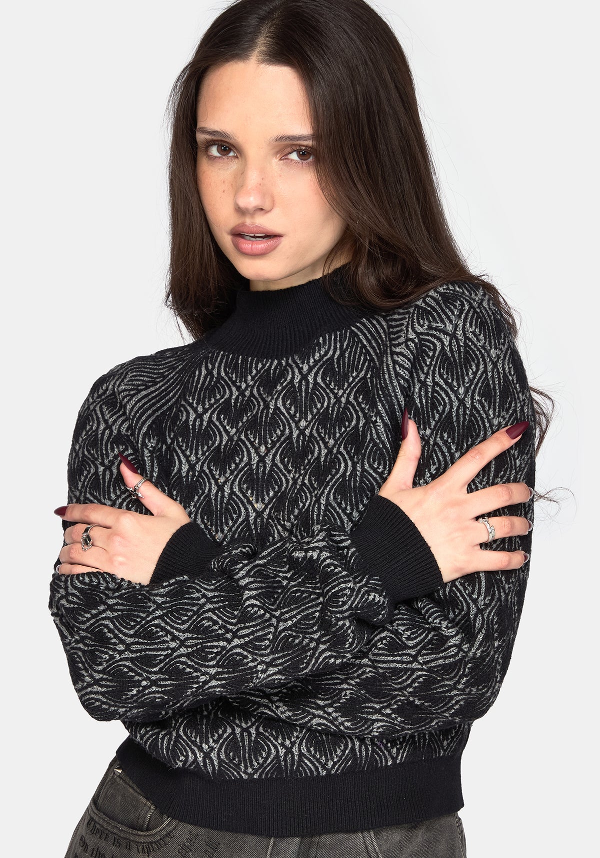 Edna Cotton Leaf Ribbed Funnel Neck Sweater - Black