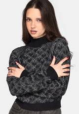 Edna Cotton Leaf Ribbed Funnel Neck Sweater - Black