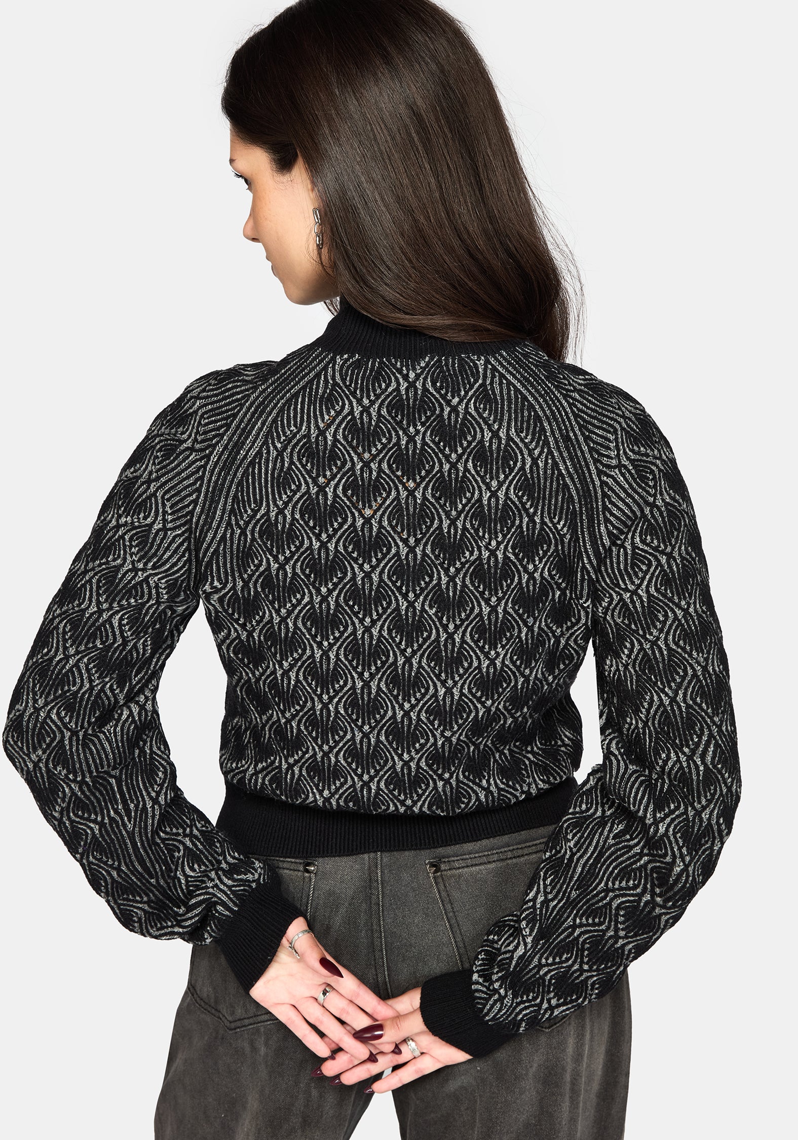 Edna Cotton Leaf Ribbed Funnel Neck Sweater - Black