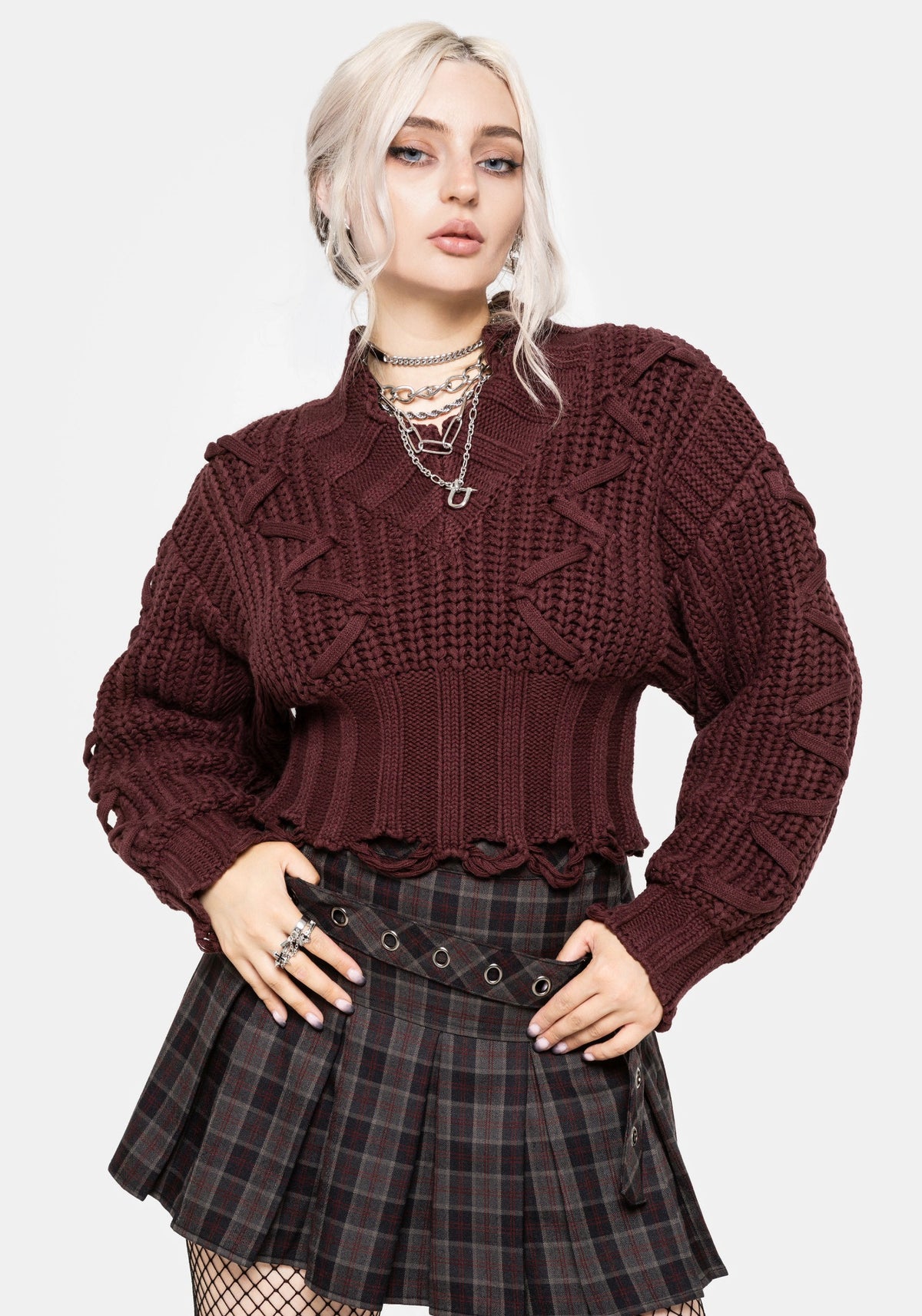 Olkra Weave Chunky Knit Jumper - Burgundy S