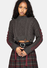 Skulk Distressed Cable Knit Crop Sweater - Charcoal