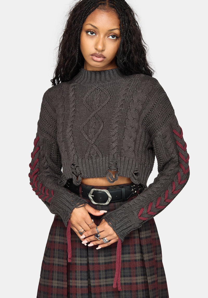 Skulk Distressed Cable Knit Crop Sweater - Charcoal – Disturbia Skulk Distressed Cable Knit Crop Sweater - Charcoal – Disturbia