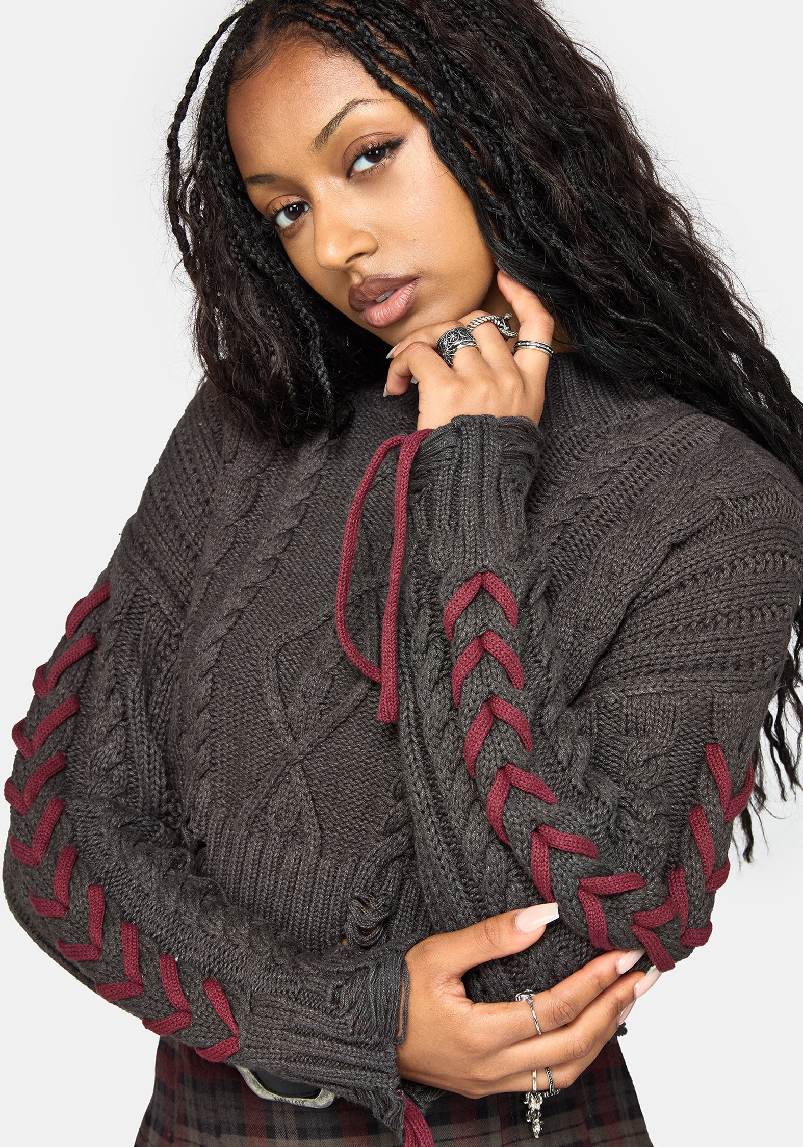 Skulk Distressed Cable Knit Crop Sweater - Charcoal – Disturbia