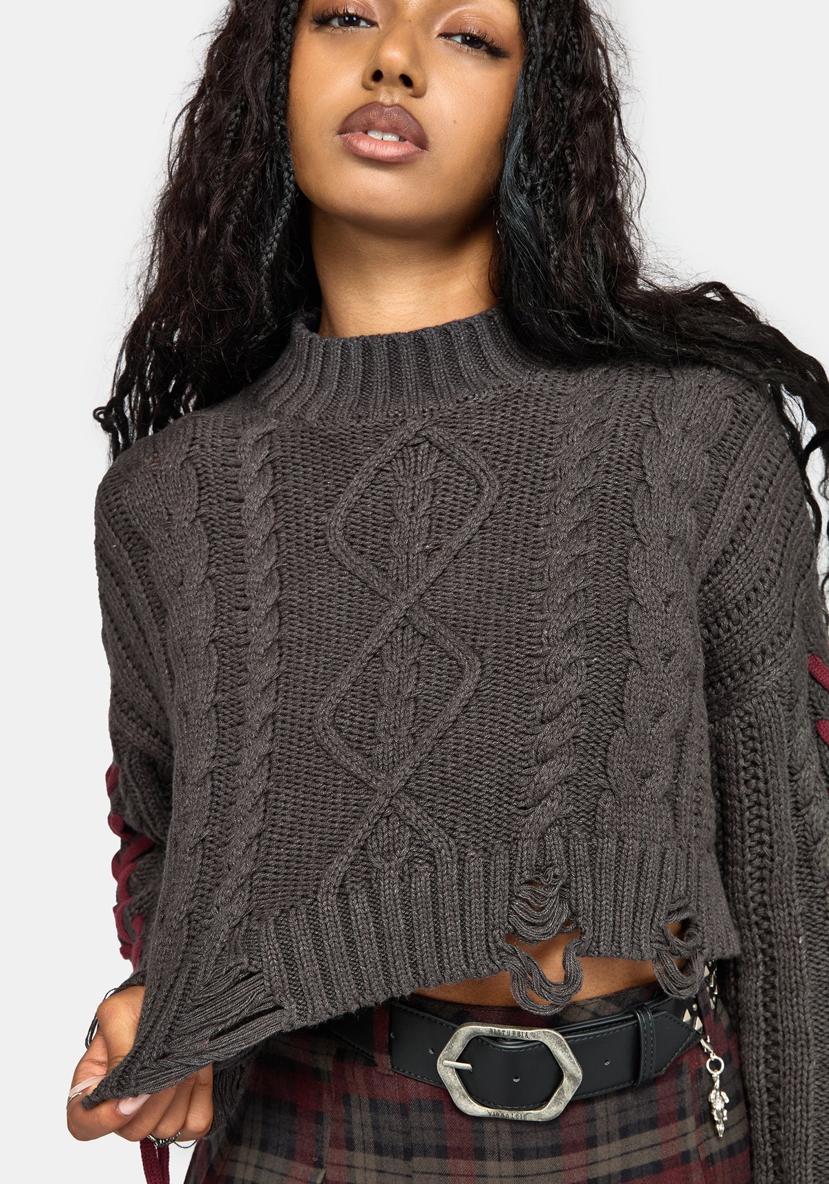 Skulk Distressed Cable Knit Crop Sweater - Charcoal