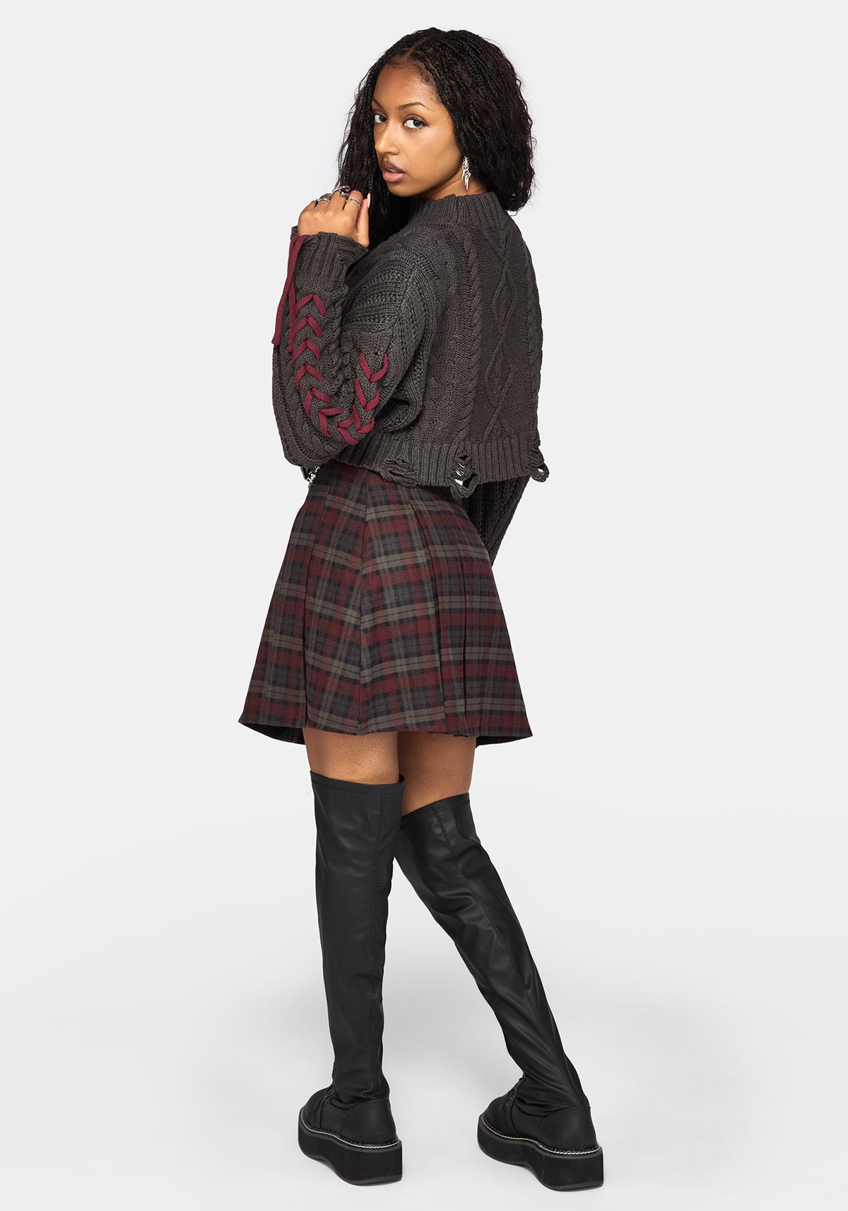 Skulk Distressed Cable Knit Crop Sweater - Charcoal