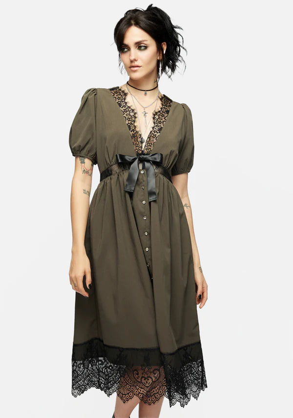 Mortuary Lace Button Up Midi Dress in Tea Leaf