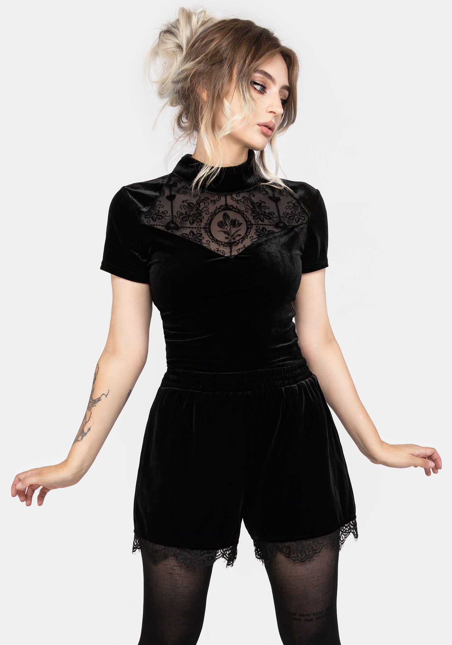 Spydre Lace Hem Velour Shorts | Disturbia - Shop Women's Gothic