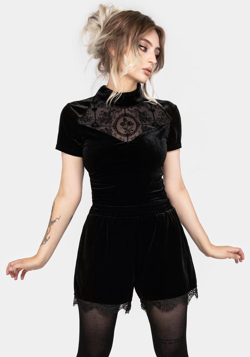 Spydre Lace Hem Velour Shorts | Disturbia - Shop Women's Gothic, Alternative & Dark Romantic Fashion, Accessories & Homeware Spydre Lace Hem Velour Shorts | Disturbia - Shop Women's Gothic, Alternative & Dark Romantic Fashion, Accessories & Homeware