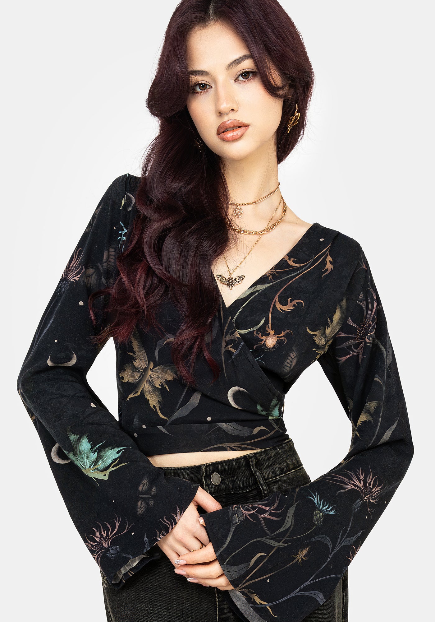 【新品未着用】MEER. AMERICAN SLEEVE FLARE TOP Rosanella Floral Print Flare Sleeve Wrap Top | Disturbia - Shop