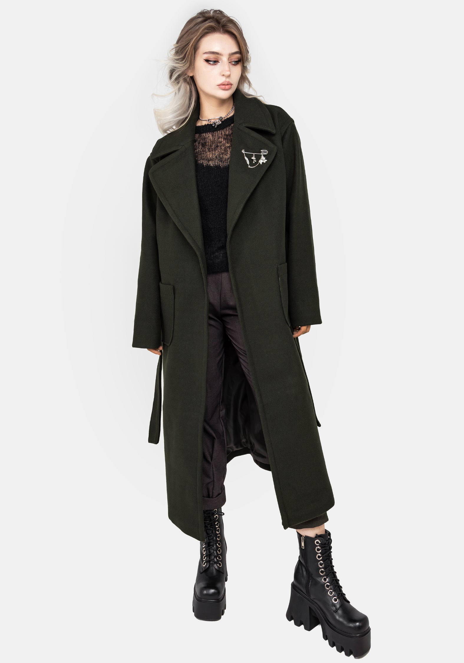 Meltdown Oversized Coat with Brooch - Green | Disturbia - Shop