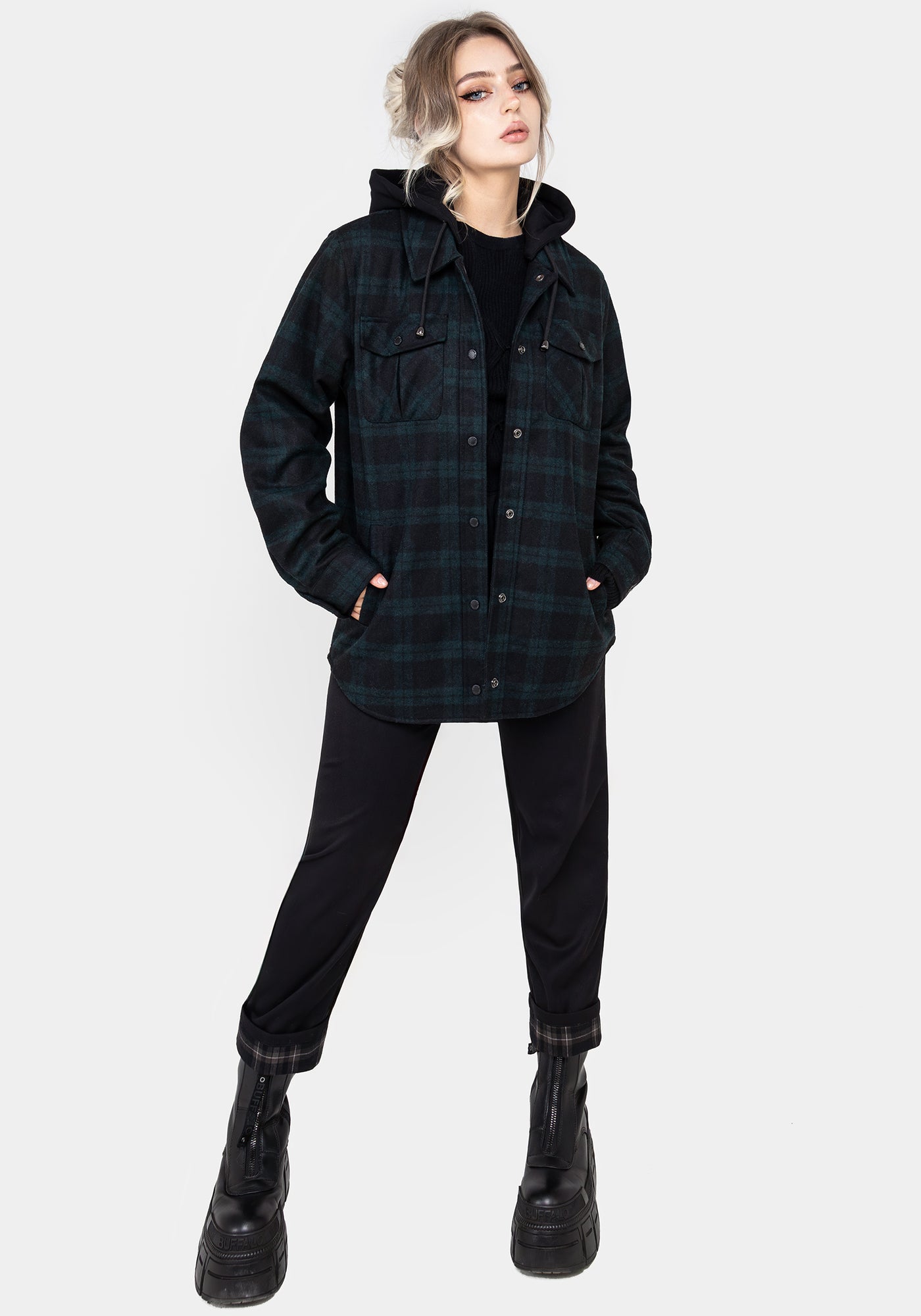 Trellis Hooded Pocket Wool Blend Check Shacket | Disturbia - Shop