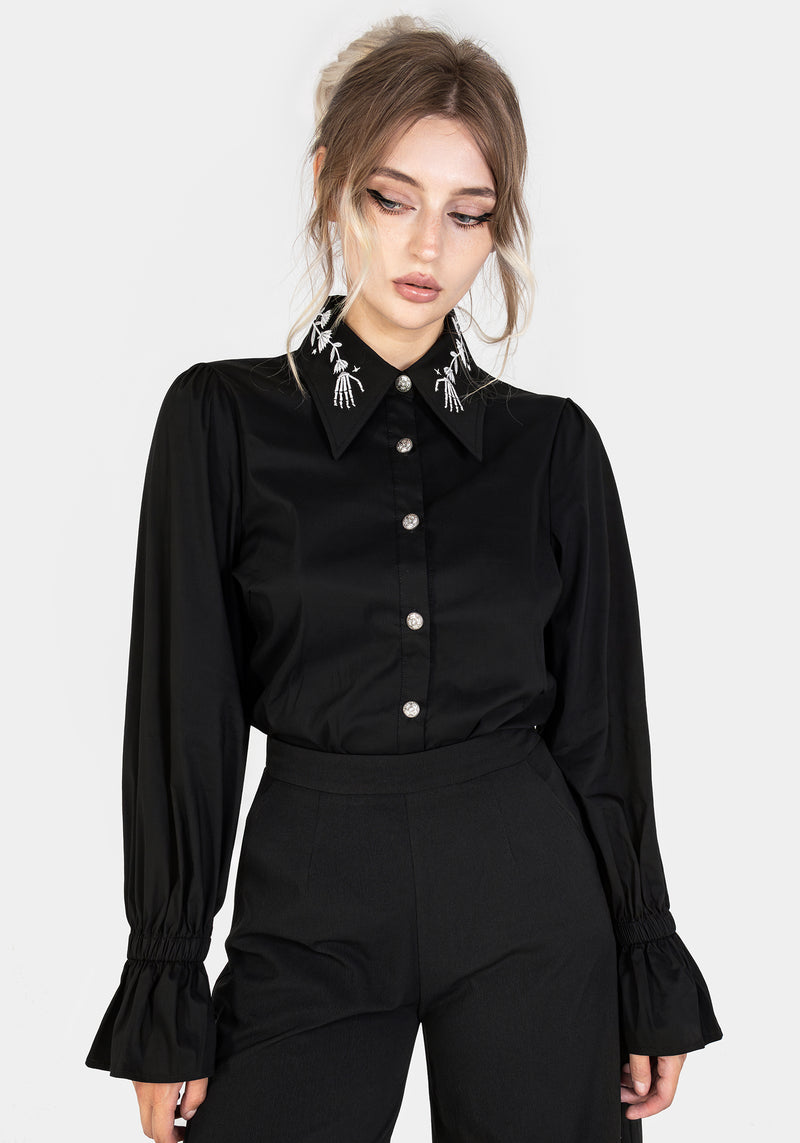 dress shirt women black Tempora Embroidered Button Up Shirt - Black | Disturbia