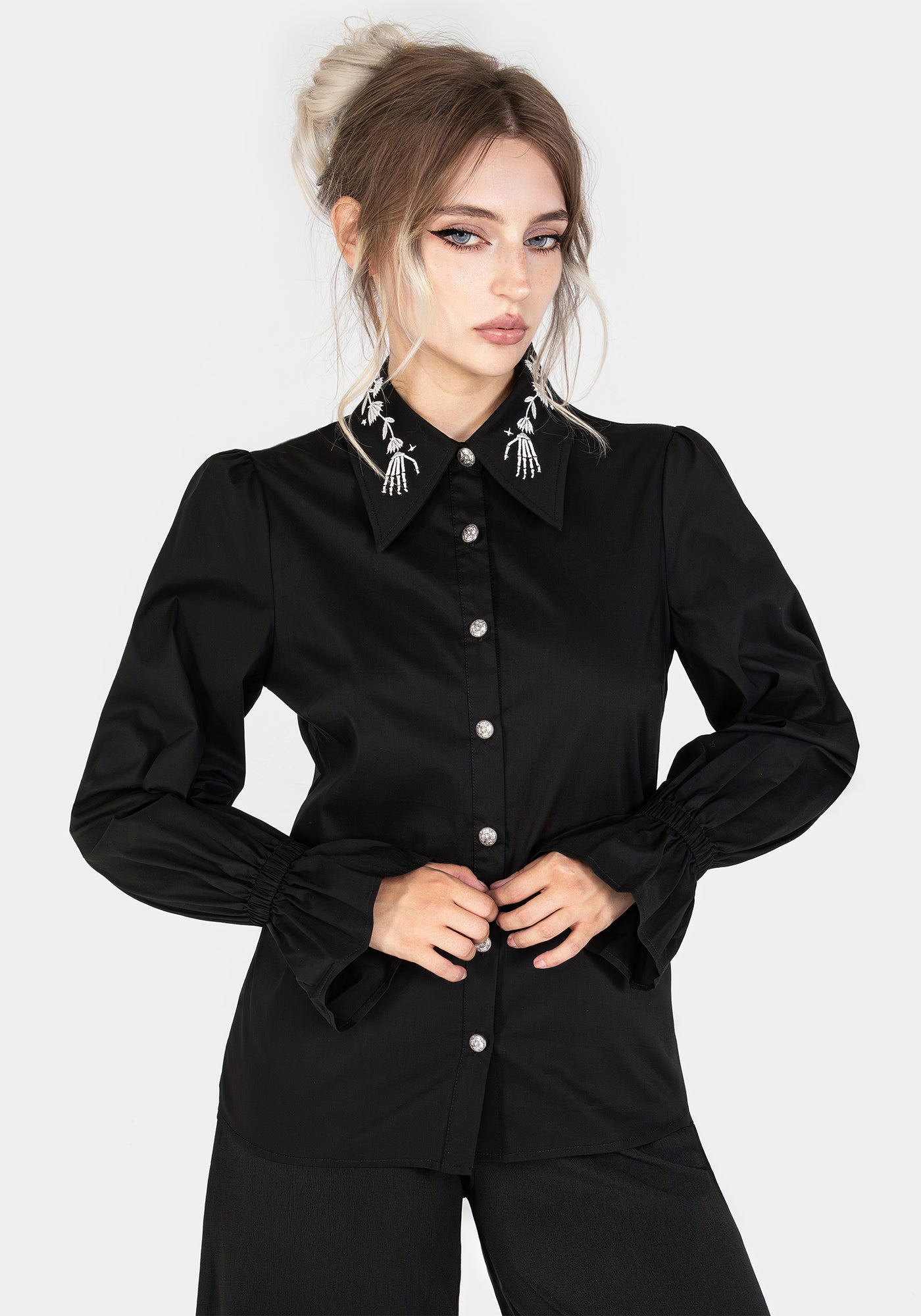 Tempora Embroidered Button Up Shirt - Black | Disturbia - Shop