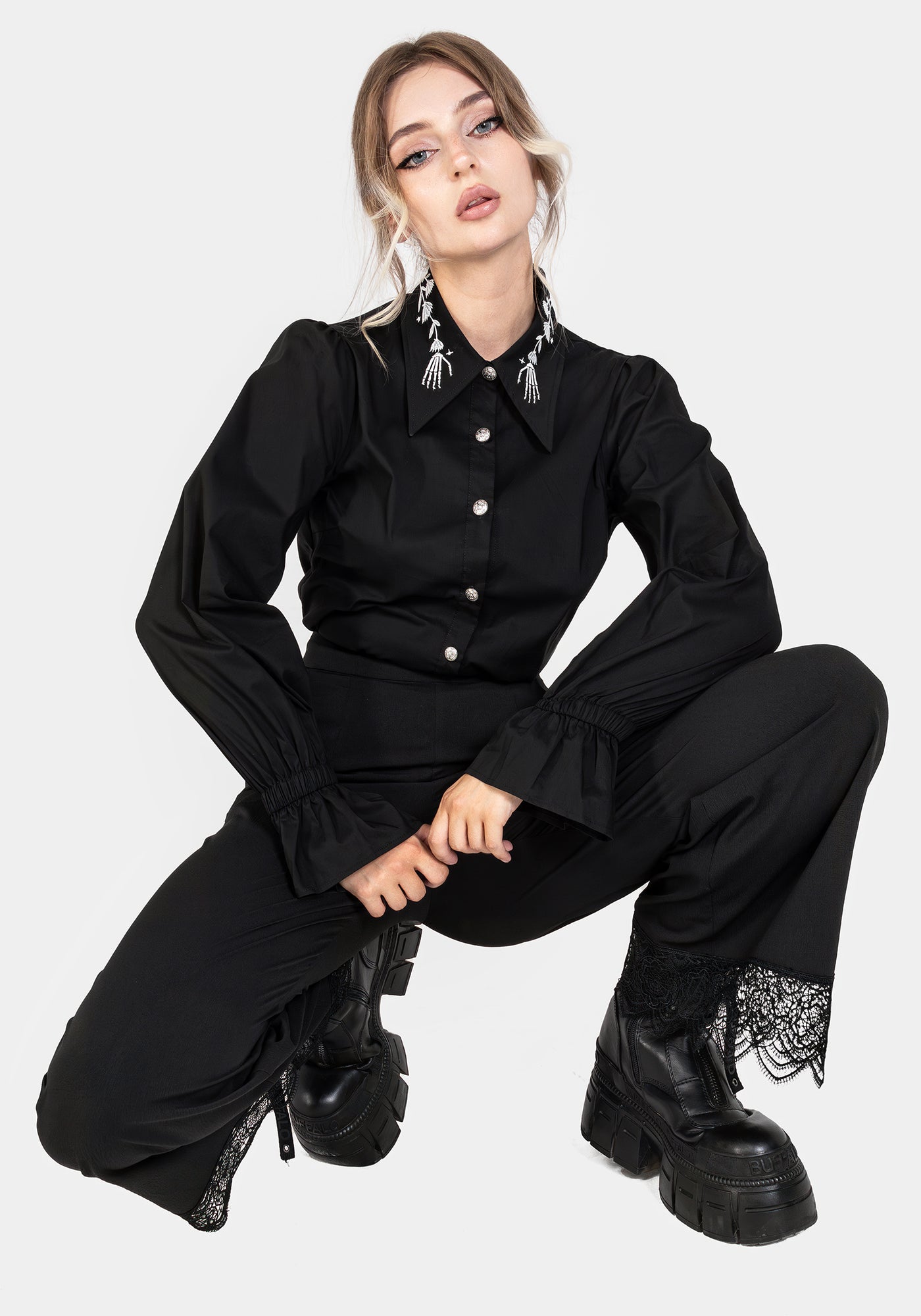 Tempora Embroidered Button Up Shirt - Black | Disturbia - Shop