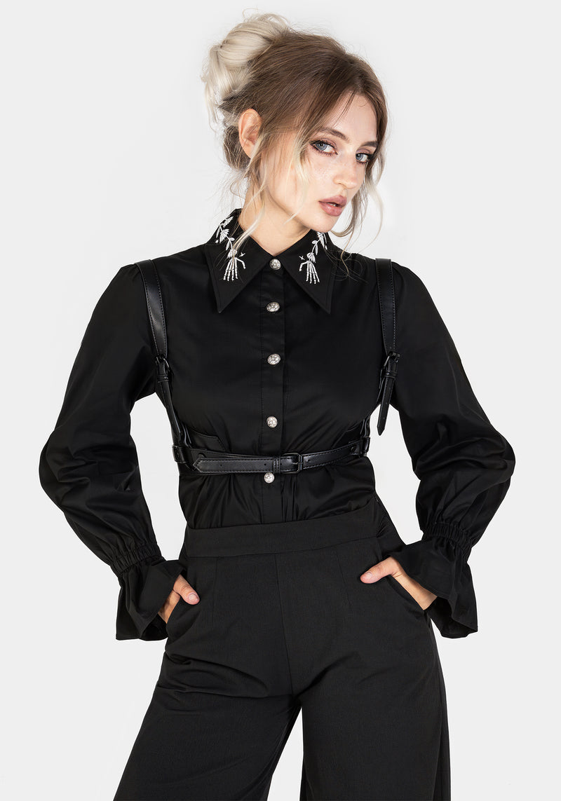Tempora Embroidered Button Up Shirt - Black | Disturbia - Shop Women's Gothic, Alternative & Dark Romantic Fashion, Accessories & Homeware Tempora Embroidered Button Up Shirt - Black | Disturbia - Shop Women's Gothic, Alternative & Dark Romantic Fashion, Accessories & Homeware