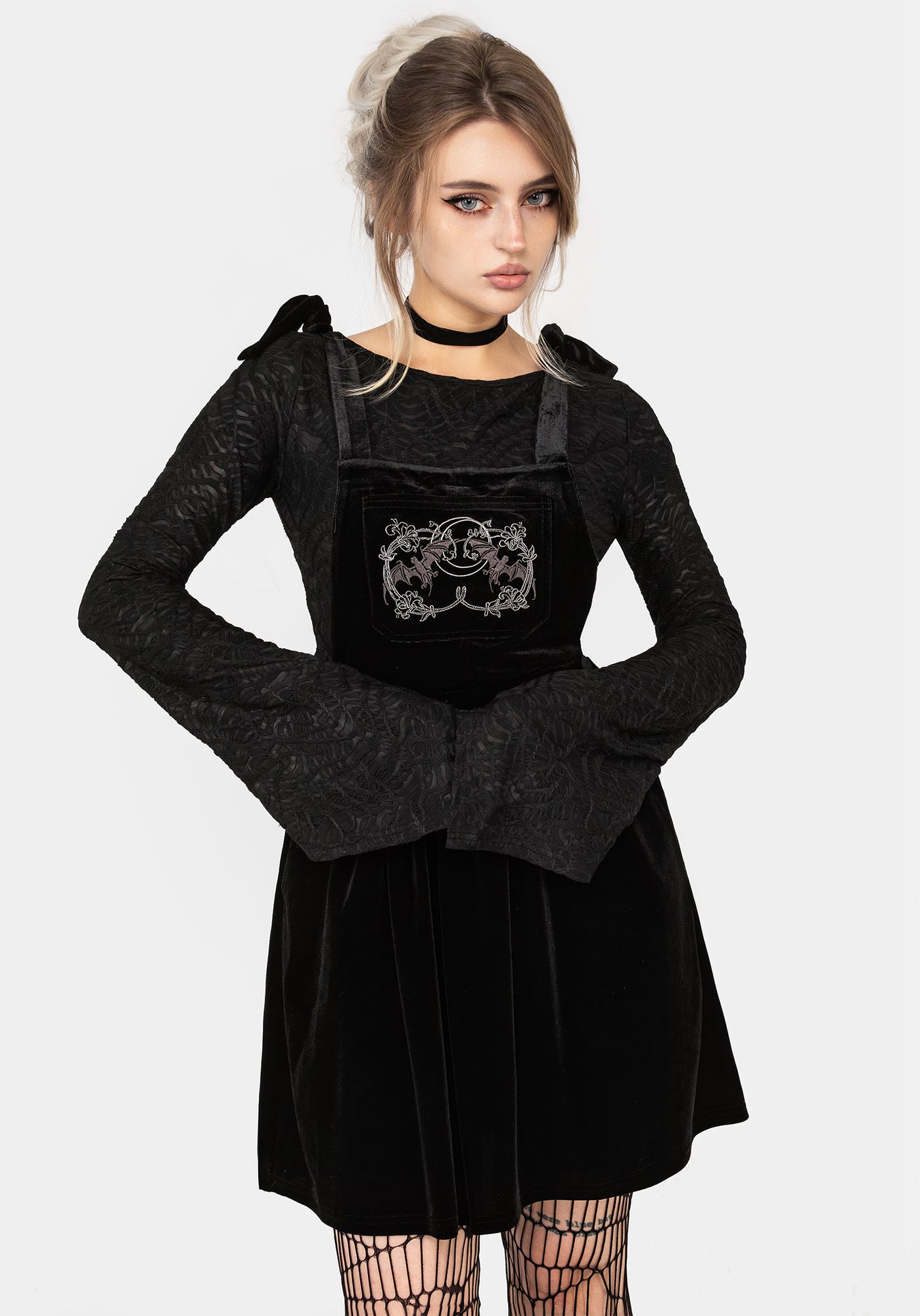 Vampyrum Bat Embroidered Mini Pinafore Dress | Disturbia - Shop