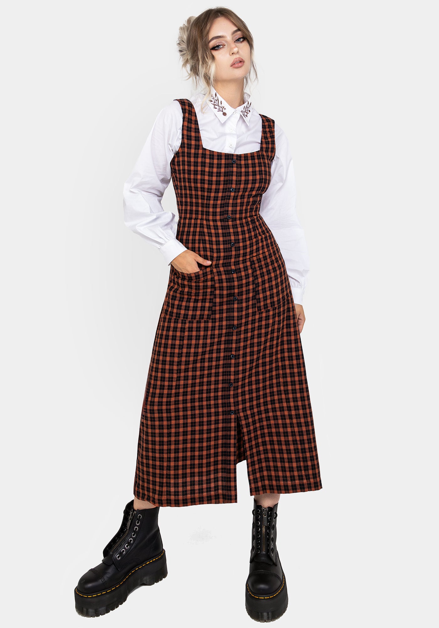 Terra Check Button Up Midaxi Dress - Orange | Disturbia - Shop