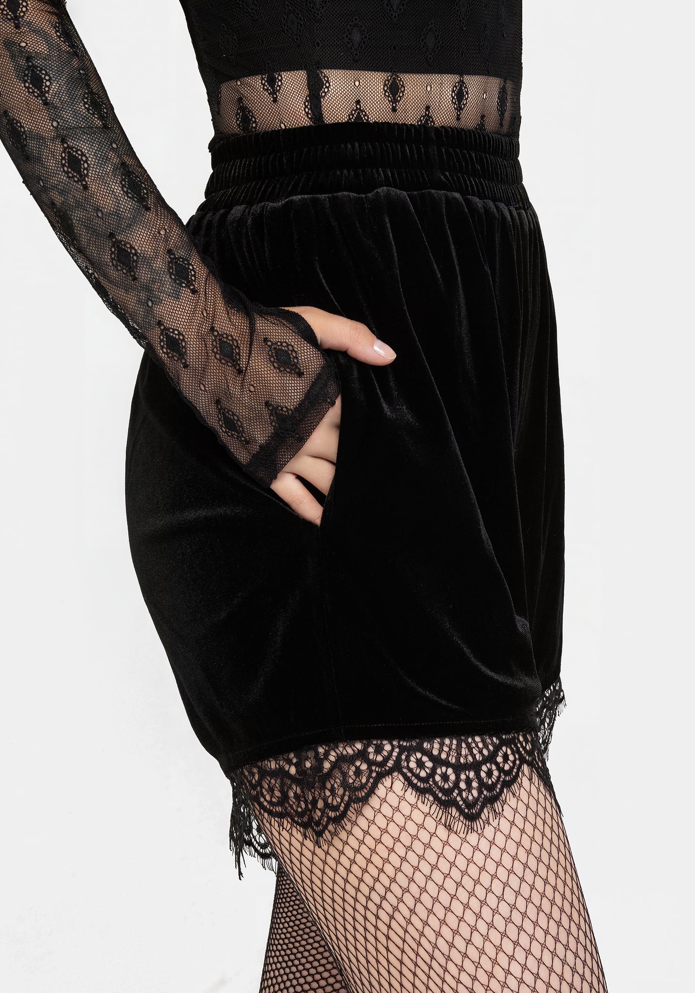 Spydre Lace Hem Velour Shorts | Disturbia - Shop Women's Gothic
